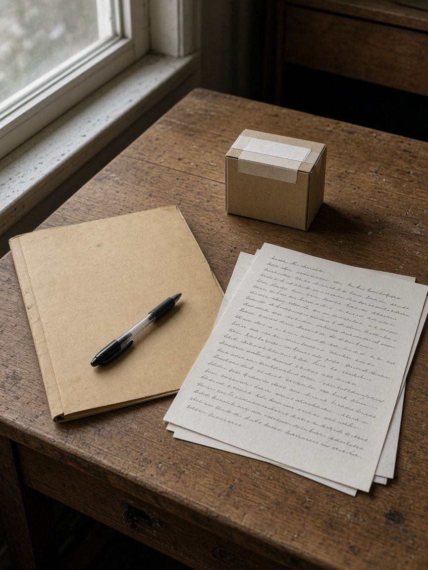 A worn desk by a window with a folder, a pen, and a small sealed carton